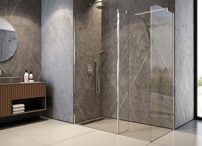 Cabine de douche fixe sur mesure Klee finition chrome transparent